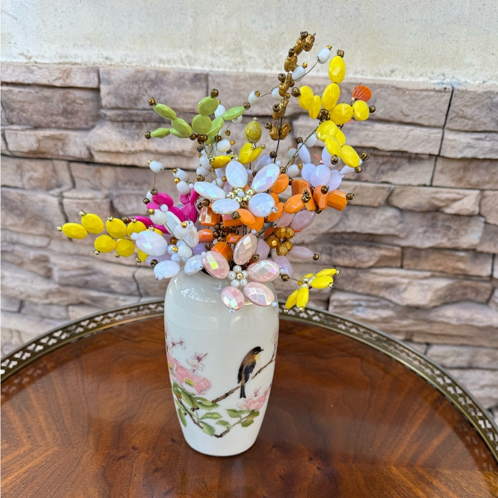 Handmade artificial beaded spring flower stems in Vase